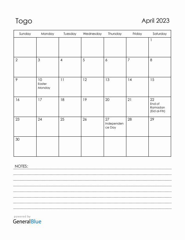 April 2023 Togo Calendar with Holidays (Sunday Start)