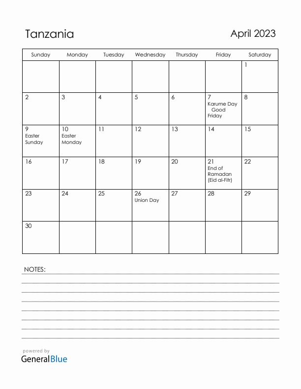 April 2023 Tanzania Calendar with Holidays (Sunday Start)