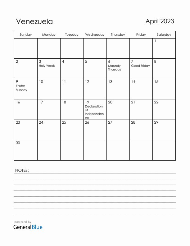 April 2023 Venezuela Calendar with Holidays (Sunday Start)