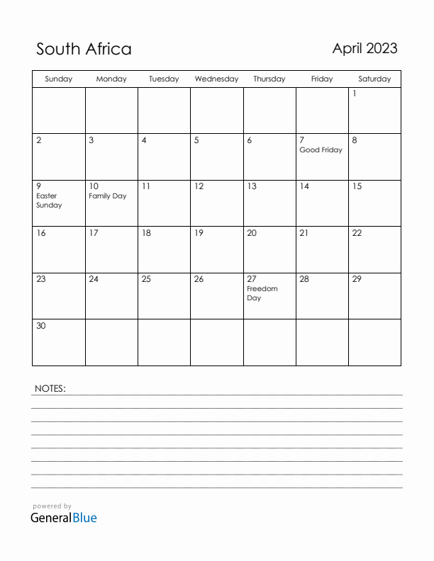 April 2023 South Africa Calendar with Holidays (Sunday Start)