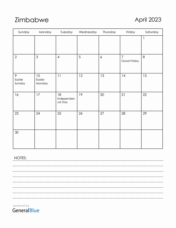 April 2023 Zimbabwe Calendar with Holidays (Sunday Start)