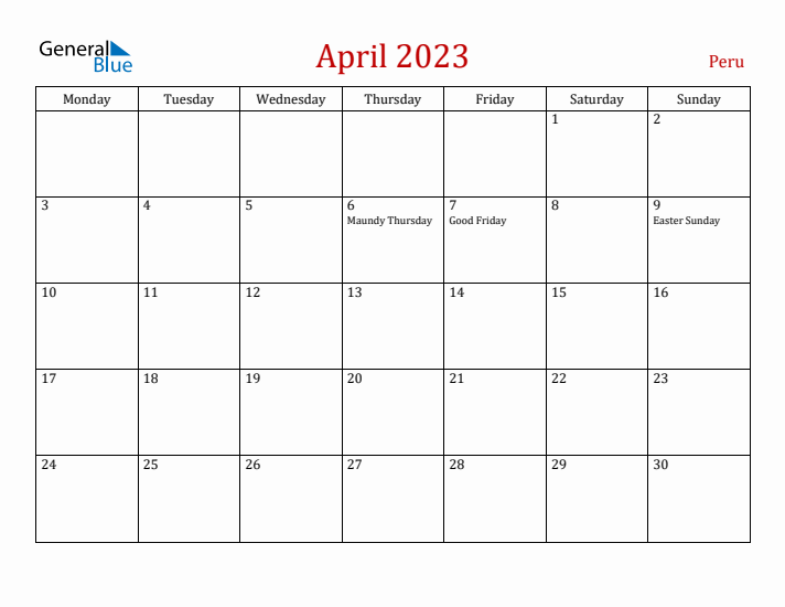 Peru April 2023 Calendar - Monday Start