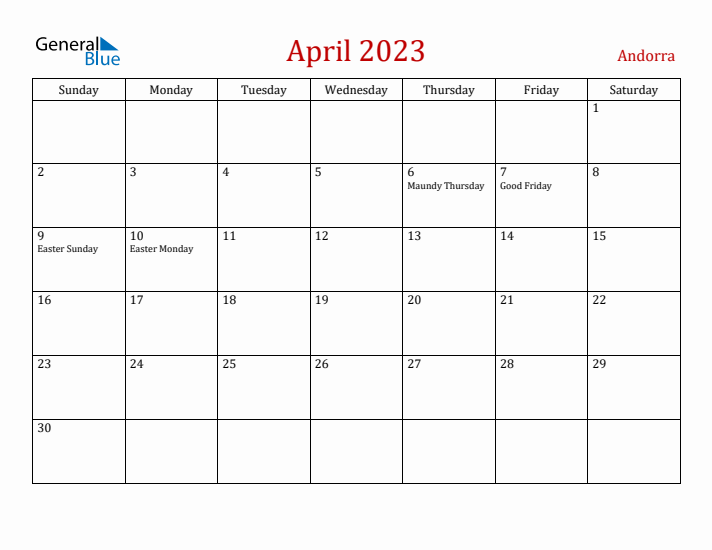 Andorra April 2023 Calendar - Sunday Start