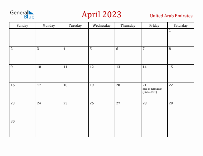 United Arab Emirates April 2023 Calendar - Sunday Start