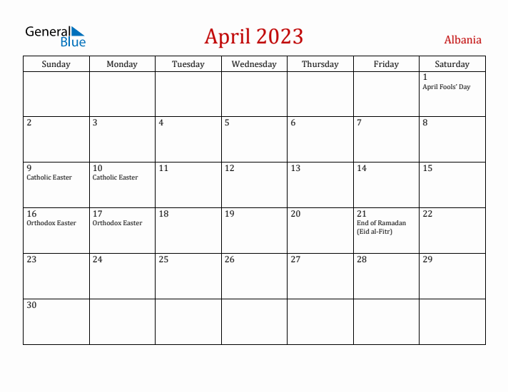 Albania April 2023 Calendar - Sunday Start