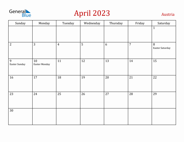 Austria April 2023 Calendar - Sunday Start