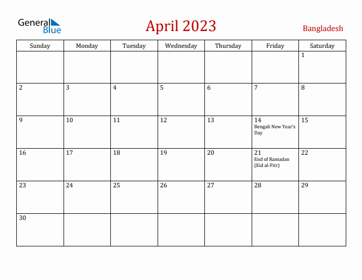 Bangladesh April 2023 Calendar - Sunday Start