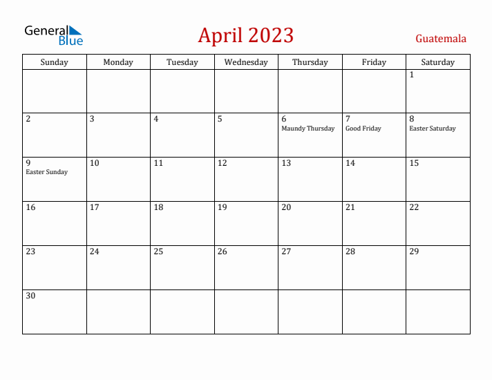 Guatemala April 2023 Calendar - Sunday Start