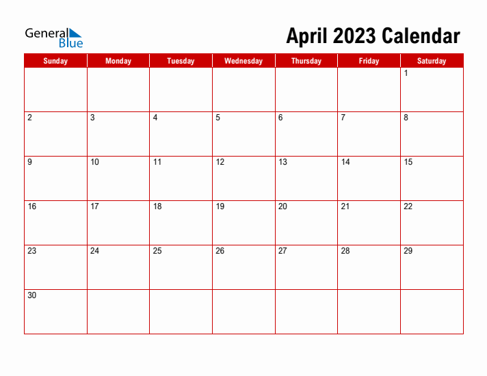 Simple Monthly Calendar - April 2023