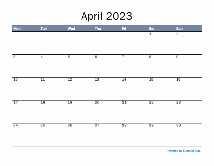 April 2023 Simple Month Calendar Template