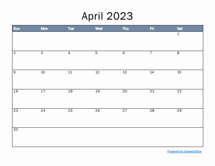 April 2023 Simple Month Calendar Template