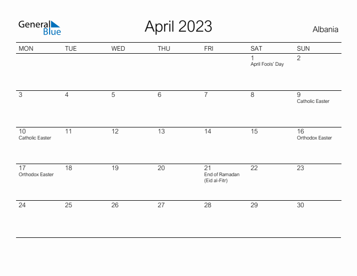 Printable April 2023 Calendar for Albania