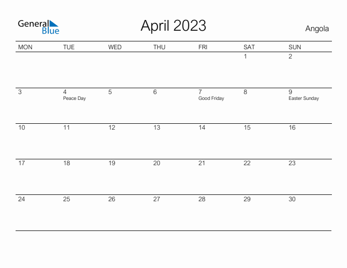 Printable April 2023 Calendar for Angola