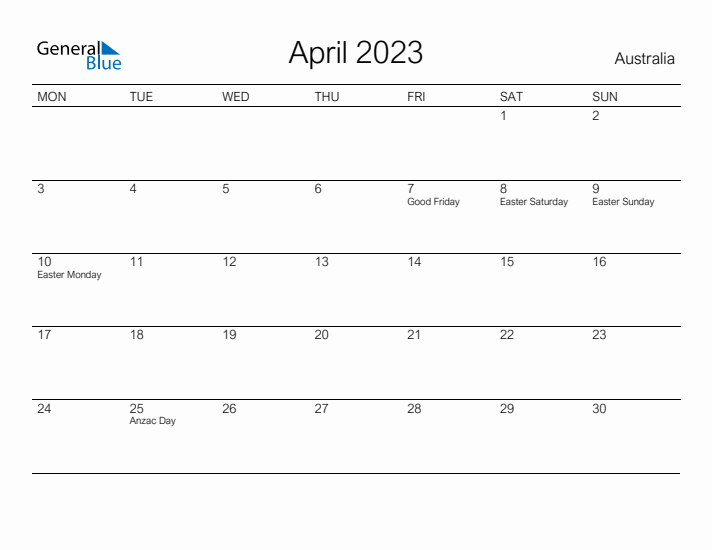 Printable April 2023 Calendar for Australia