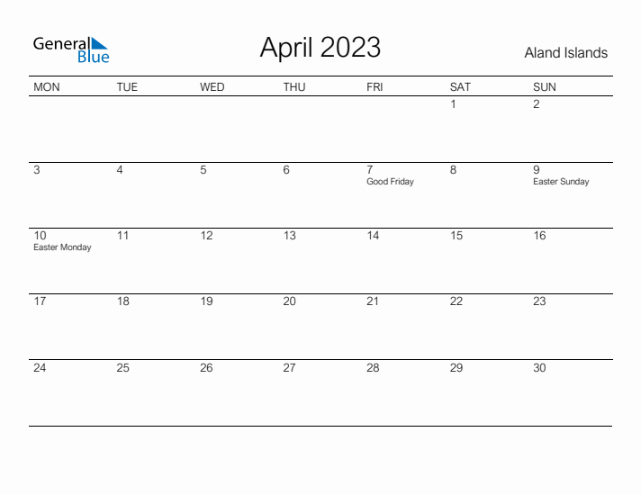 Printable April 2023 Calendar for Aland Islands