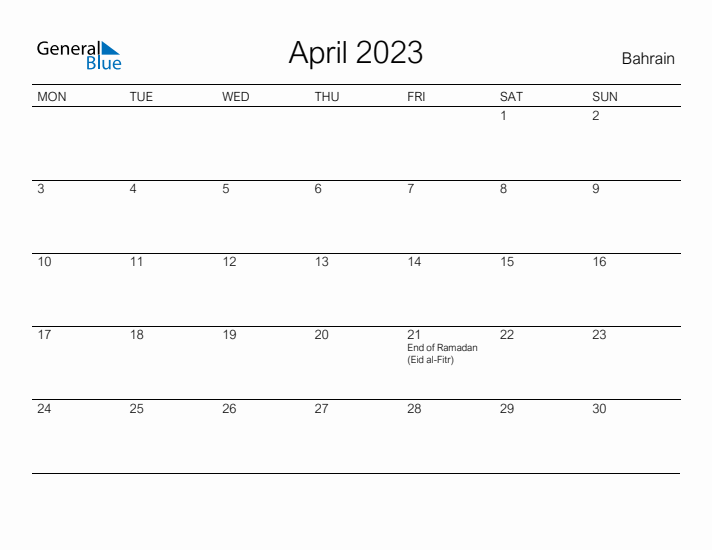 Printable April 2023 Calendar for Bahrain