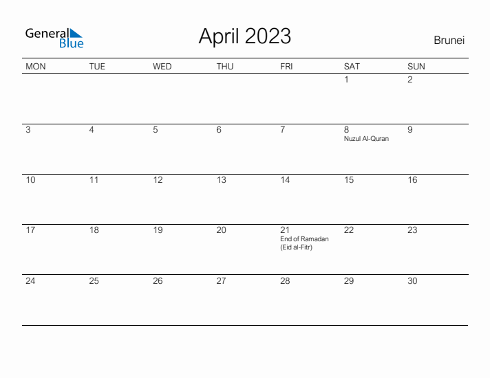 Printable April 2023 Calendar for Brunei