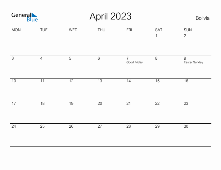 Printable April 2023 Calendar for Bolivia