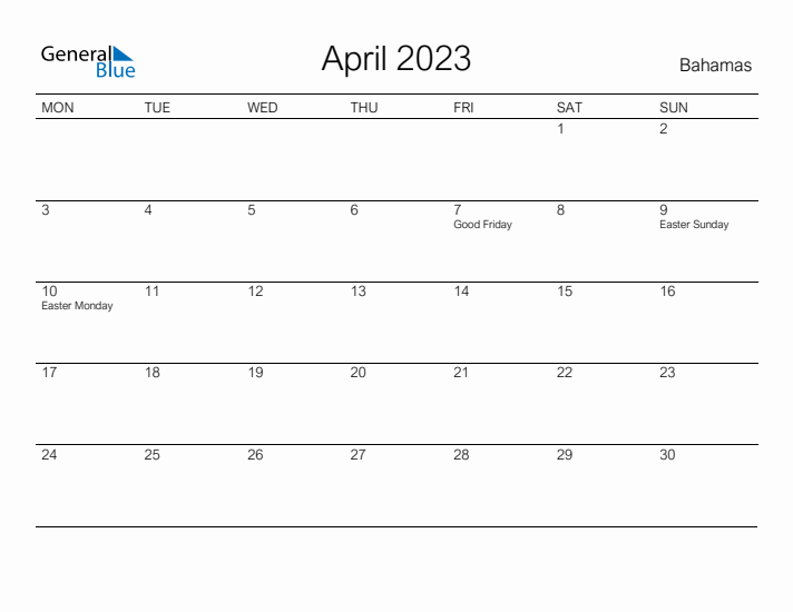 Printable April 2023 Calendar for Bahamas