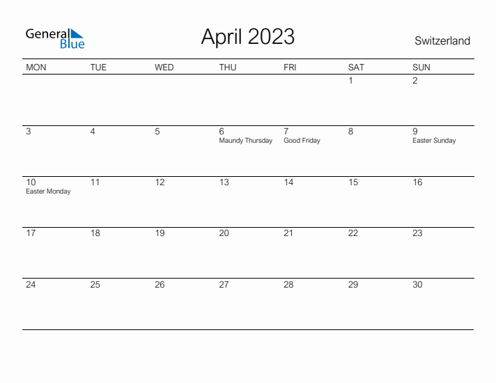 Printable April 2023 Calendar for Switzerland