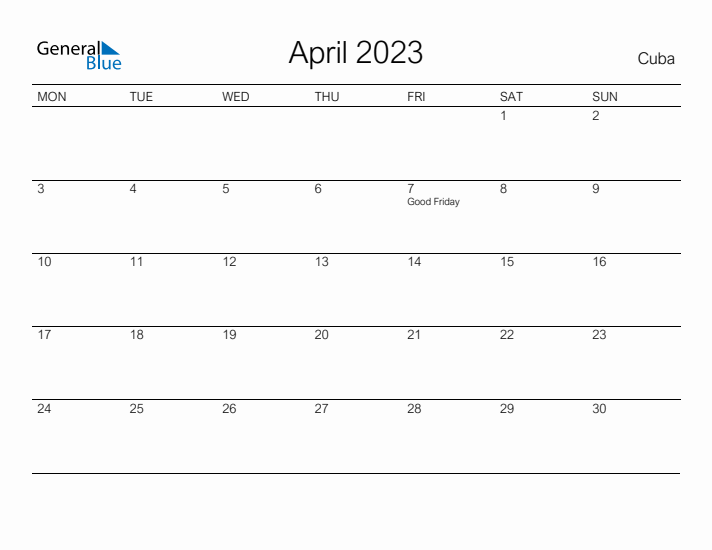 Printable April 2023 Calendar for Cuba