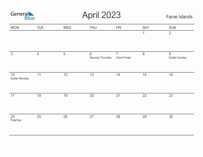 Printable April 2023 Calendar for Faroe Islands