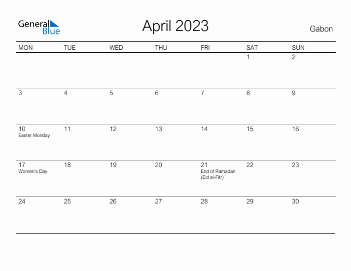 Printable April 2023 Calendar for Gabon