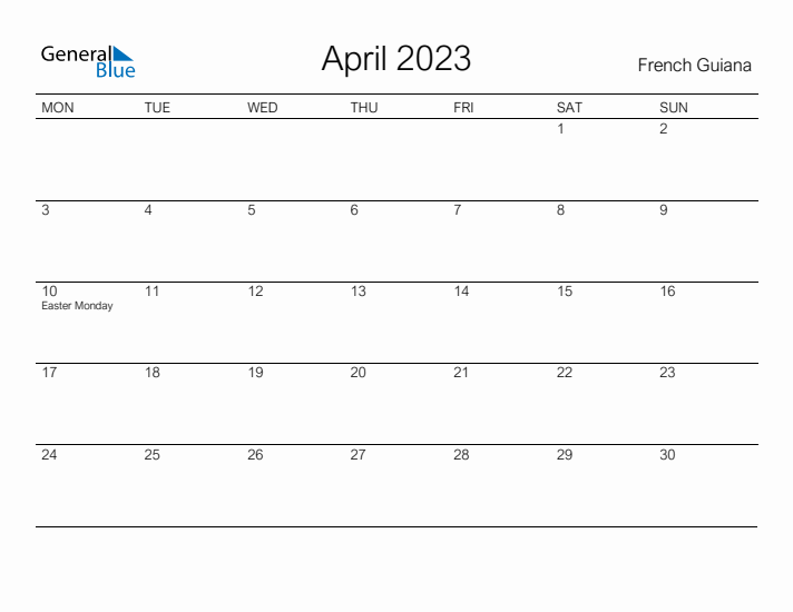 Printable April 2023 Calendar for French Guiana