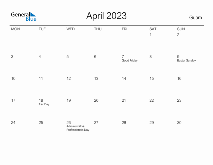 Printable April 2023 Calendar for Guam