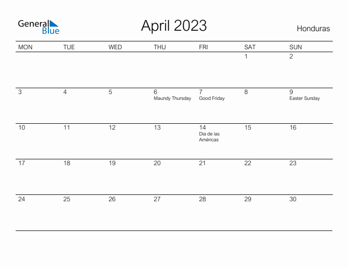 Printable April 2023 Calendar for Honduras