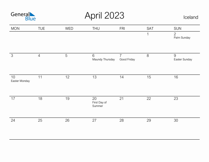 Printable April 2023 Calendar for Iceland