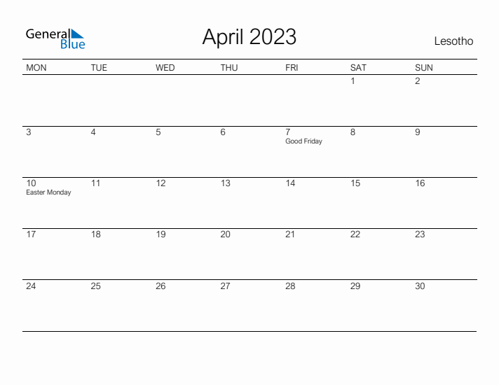 Printable April 2023 Calendar for Lesotho