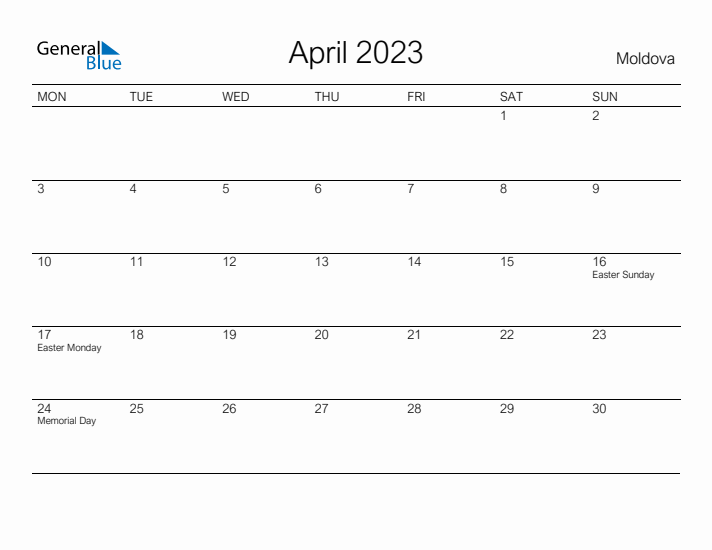 Printable April 2023 Calendar for Moldova