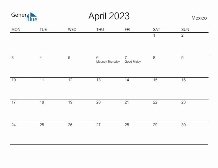 Printable April 2023 Calendar for Mexico