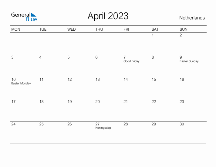 Printable April 2023 Calendar for The Netherlands