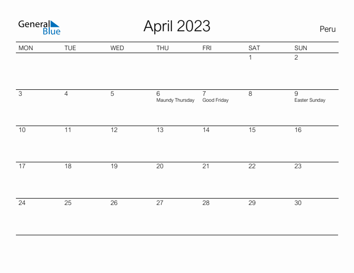 Printable April 2023 Calendar for Peru