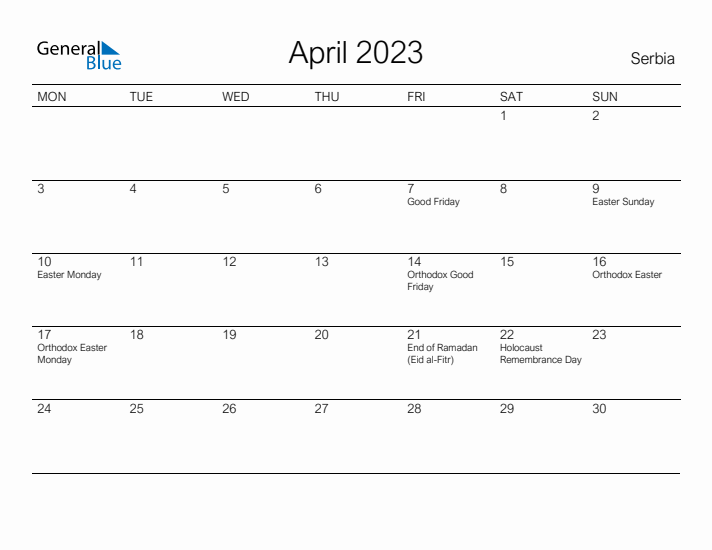 Printable April 2023 Calendar for Serbia