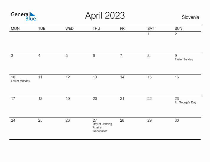 Printable April 2023 Calendar for Slovenia