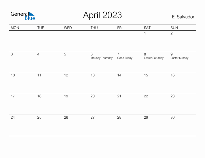 Printable April 2023 Calendar for El Salvador