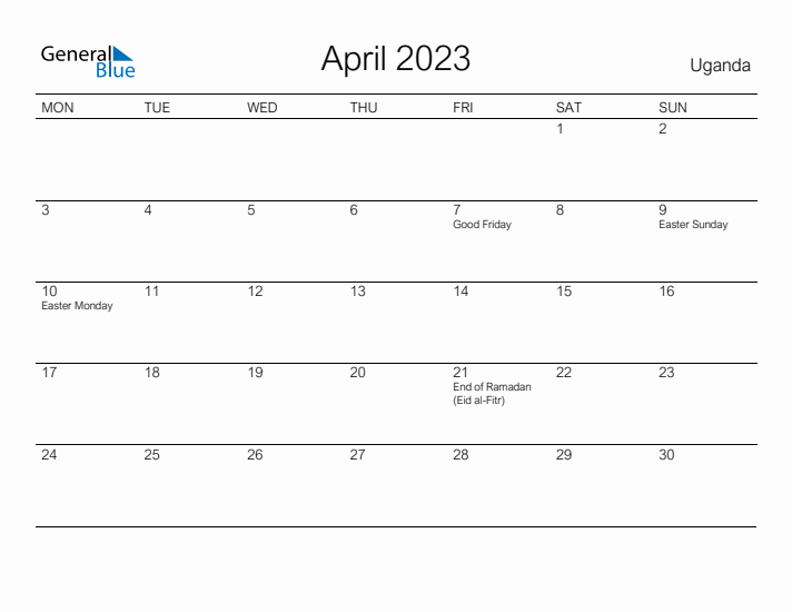 Printable April 2023 Calendar for Uganda