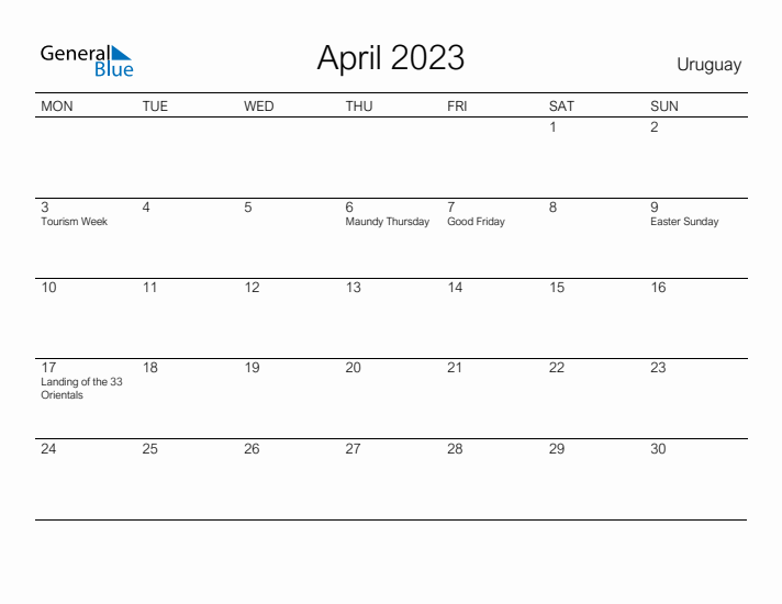 Printable April 2023 Calendar for Uruguay