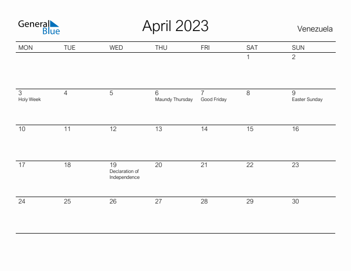 Printable April 2023 Calendar for Venezuela