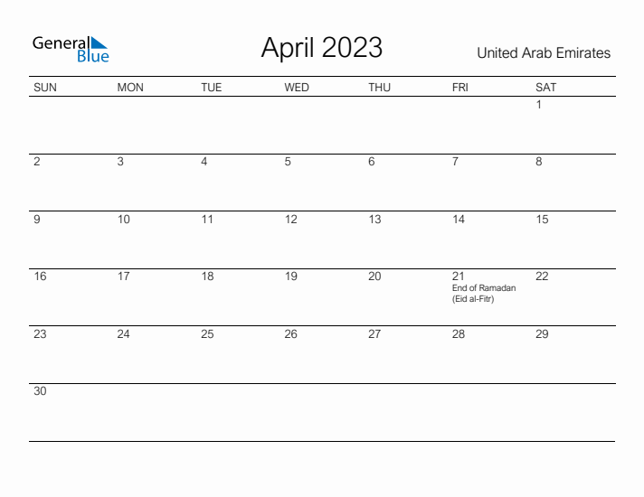 Printable April 2023 Calendar for United Arab Emirates