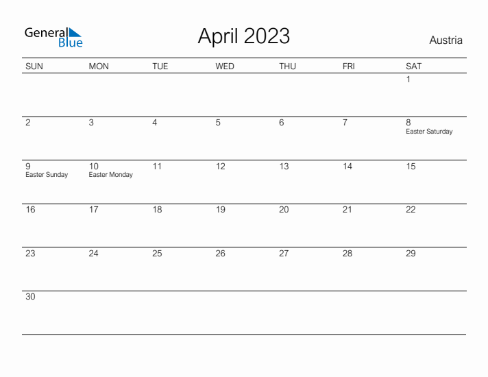 Printable April 2023 Calendar for Austria