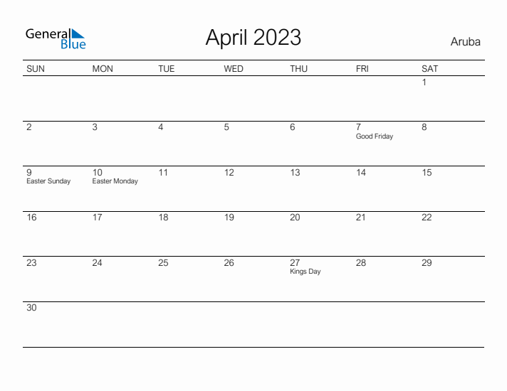 Printable April 2023 Calendar for Aruba