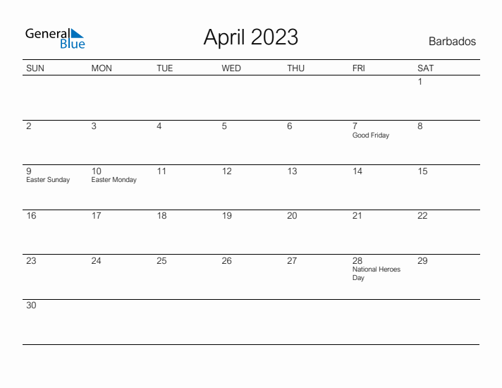 Printable April 2023 Calendar for Barbados