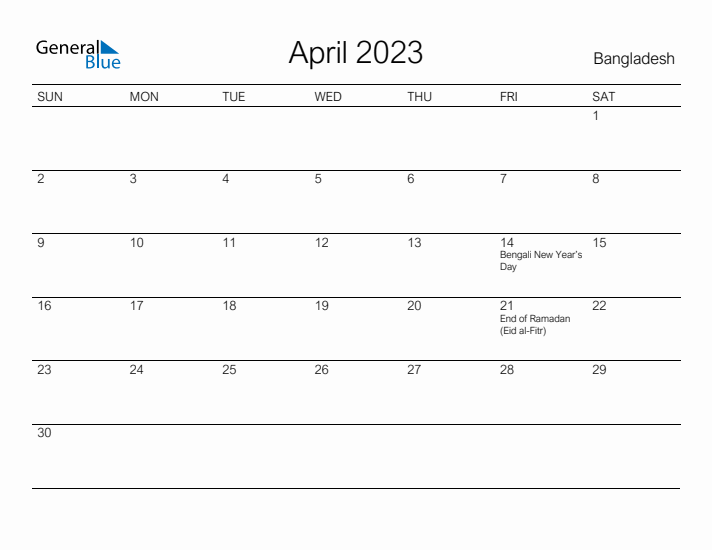 Printable April 2023 Calendar for Bangladesh