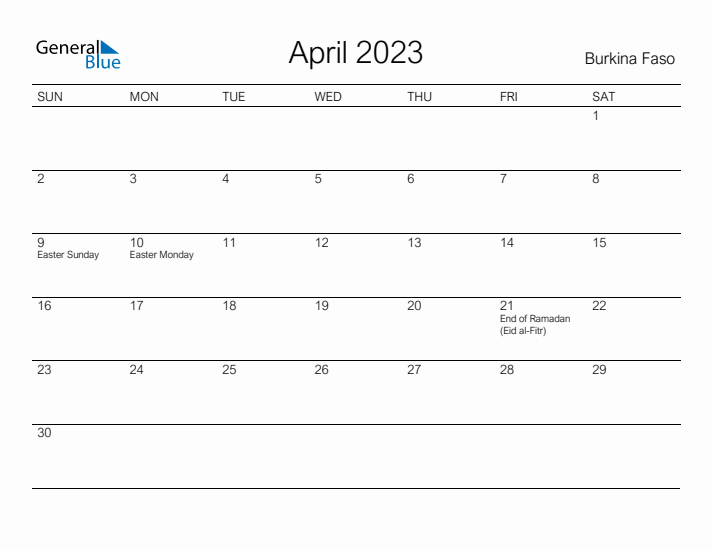 Printable April 2023 Calendar for Burkina Faso