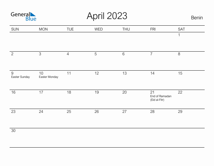 Printable April 2023 Calendar for Benin