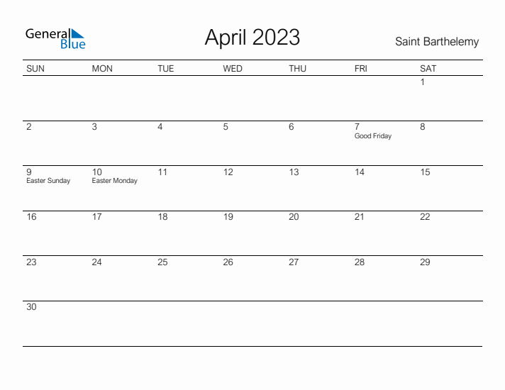 Printable April 2023 Calendar for Saint Barthelemy